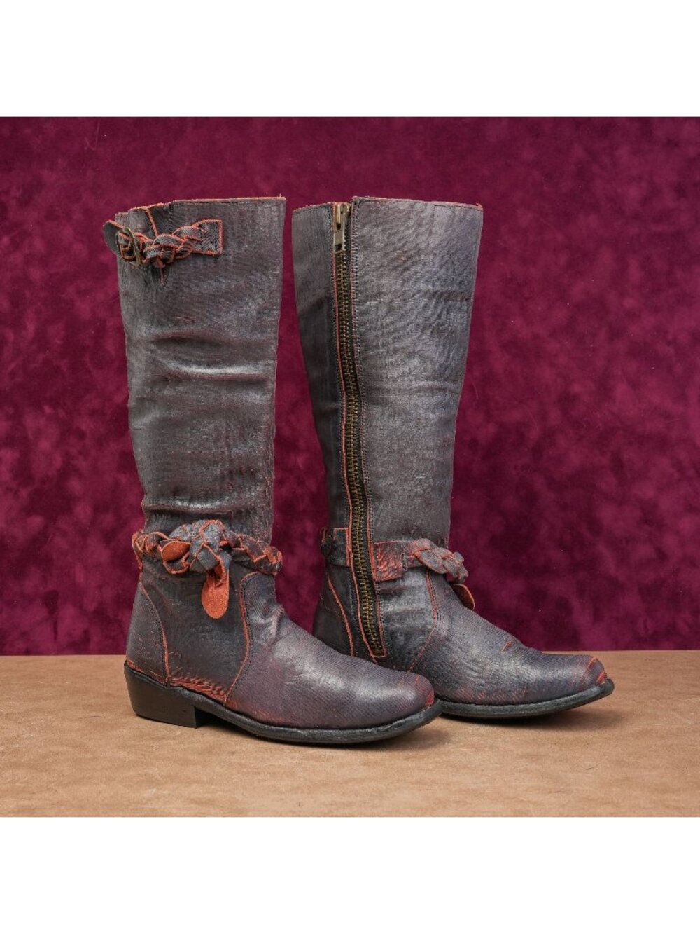 Bed Stu Women Bench Distress Aqua Orange Leather Boho Cottage Zip Boots sz 6